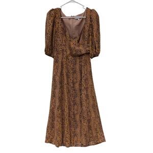 Nordstrom WAYF Leopard Print Faux Wrap Puff Sleeve Midi Dress W/Slit Size Small